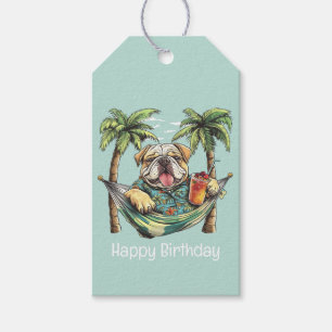 Etiqueta Para Presente Feliz Aniversário English Bulldog em Topo Havaiano