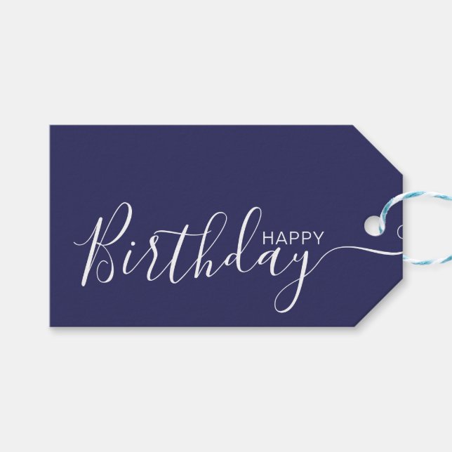 Etiqueta Para Presente Feliz Aniversário Marinho Azul Branco Moderno (Frente (horizontal))