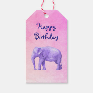 Etiqueta Para Presente Feliz Aniversário, Purple Watercolor Elephant a Ro