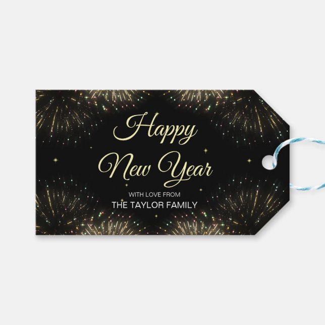 Etiqueta Para Presente Feliz ano novo Dourado Fireworks 2024 (Frente (horizontal))