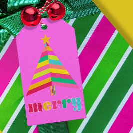 Etiqueta Para Presente feliz Colorida Árvore de Natal Striped verde brilh