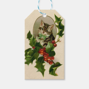 Etiqueta Para Presente Feliz de Natal Holly Kitten Arte Antiquada