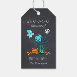 Etiqueta Para Presente Feliz Dia das Bruxas com Fantasmas Bats Skulls & C