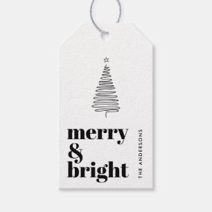 Etiqueta Para Presente Feliz e Brilho, Árvore de Natal em Linha Preto e B