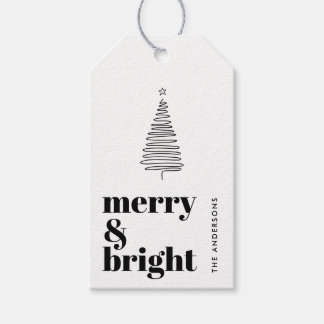 Etiqueta Para Presente Feliz e Brilho, Árvore de Natal em Linha Preto e B