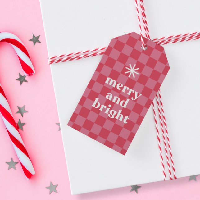 Etiqueta Para Presente Feliz e Natal Brilhante (merry and bright, bold, modern, checkerboard Christmas gift tag)