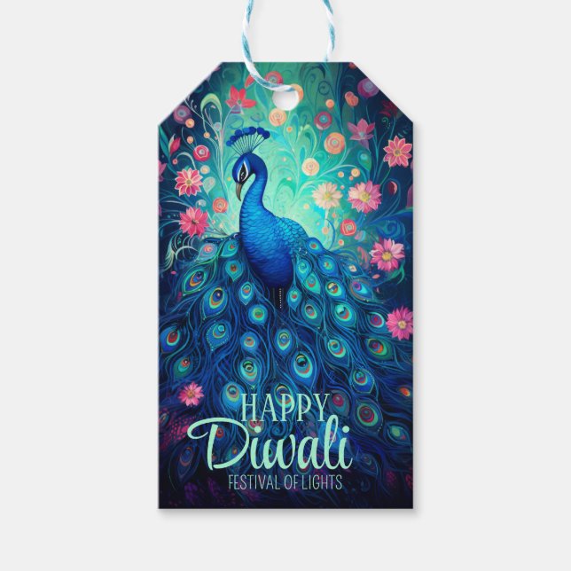 Etiqueta Para Presente Feliz Festival Diwali de Luzes Peacock (Frente)