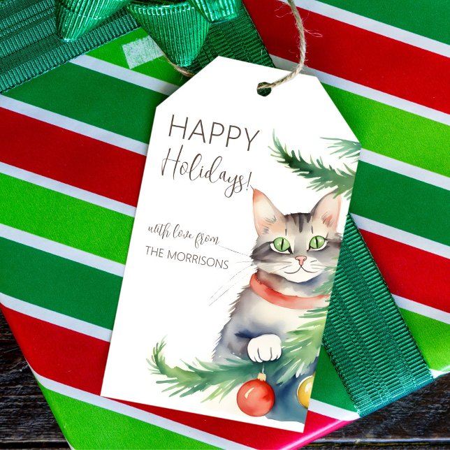 Etiqueta Para Presente Feliz gato de Natal (Cat people Christmas gift tags watercolor cute green eye cat by Christmas tree personalized tags)