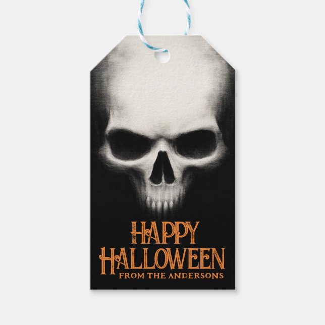 Etiqueta Para Presente Feliz Halloween fantasma sinistro crânio preto lar (Frente)
