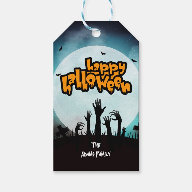 Etiqueta Para Presente Feliz Halloween Personalizado Zumbi Assustador (Frente)