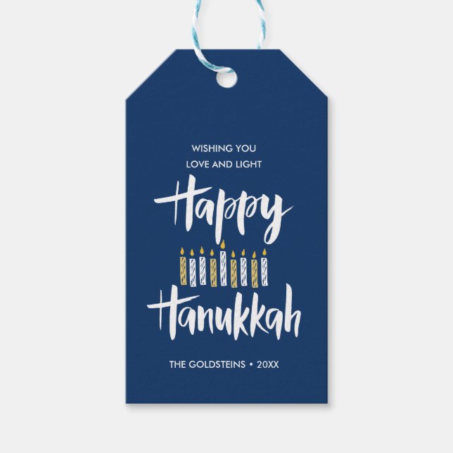 Etiqueta Para Presente Feliz Hanukkah Candles Dias Azuis (Frente)