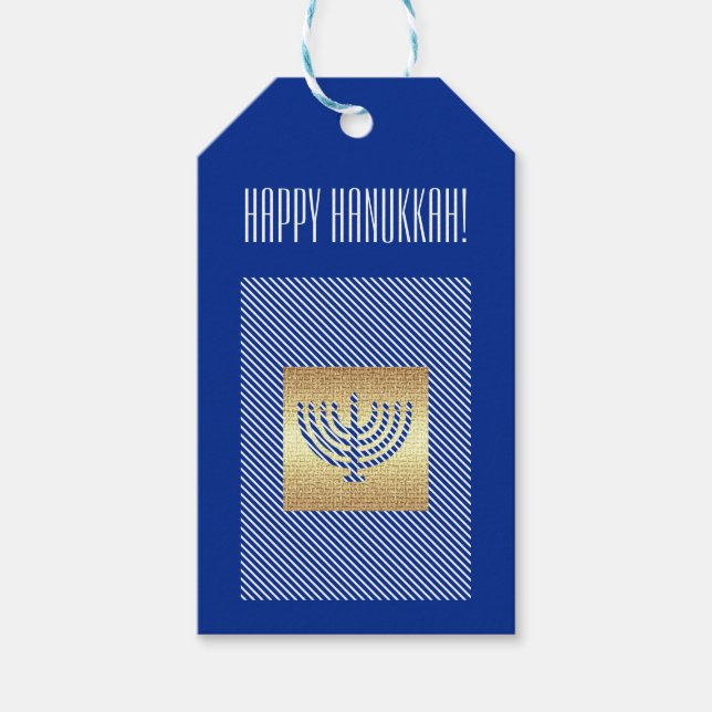 Etiqueta Para Presente Feliz Hanukkah. Personalização Dourada de Menorah (Frente)