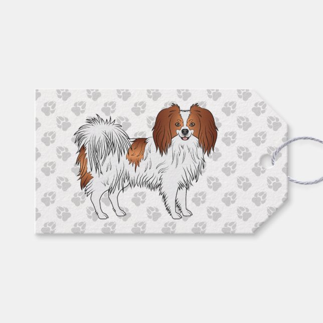 Etiqueta Para Presente Feliz Ilustração Vermelha E Cão Branco Phalène (Frente (horizontal))