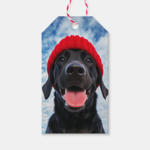 Etiqueta Para Presente Feliz Labrador em um Red Beanie Sob um Céu Azul