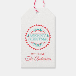 Etiqueta Para Presente Feliz Natal Aqua & Red Chalk Stamp