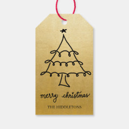 Etiqueta Para Presente Feliz Natal Árvore Moderna Script Faux Gold Foil