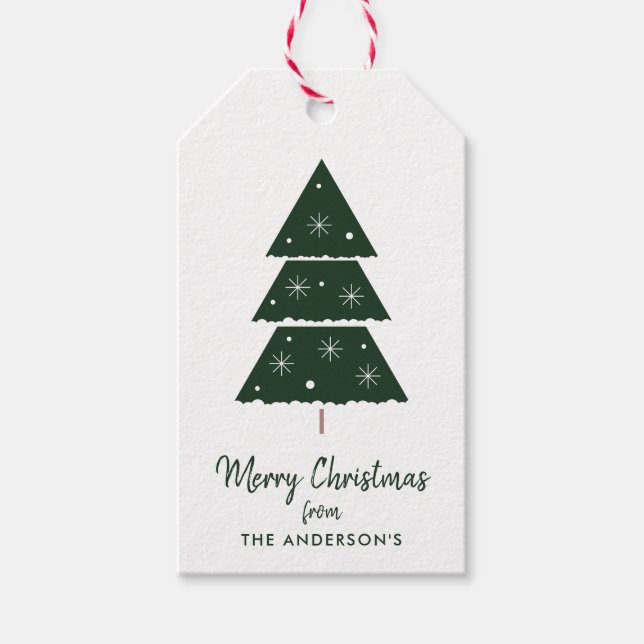 Etiqueta Para Presente Feliz Natal Árvore Verde Flocos de Neve (Frente)