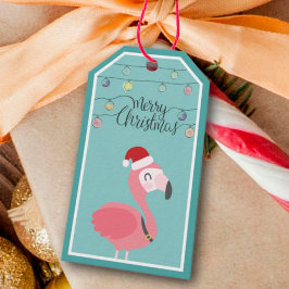 Etiqueta Para Presente Feliz Natal Bebê flamingo vermelho chapéu e luzes