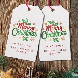 Etiqueta Para Presente Feliz Natal Berry Dourado Stars Snowflakes Família