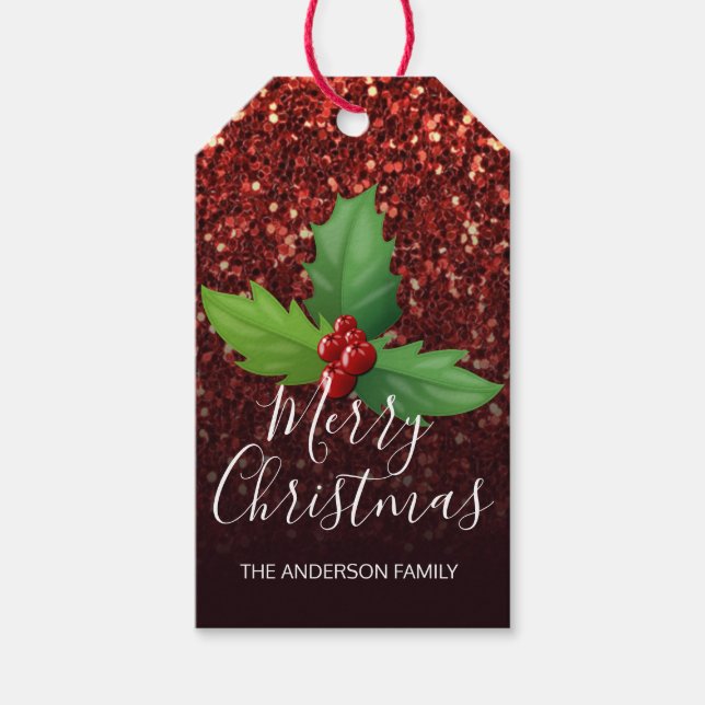 Etiqueta Para Presente Feliz Natal Black Red Glitter presente HOLLY (Frente)