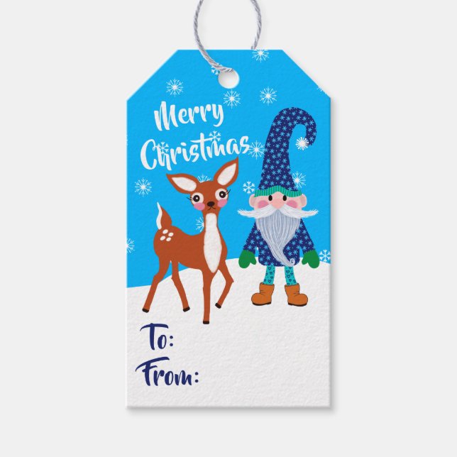 Etiqueta Para Presente Feliz Natal Blue Snowflakes Gnomo Cute Deer (Frente)