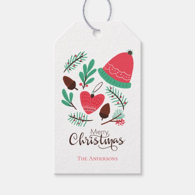 Etiqueta Para Presente Feliz Natal, Chapéu De Inverno E Pinecones (Frente)