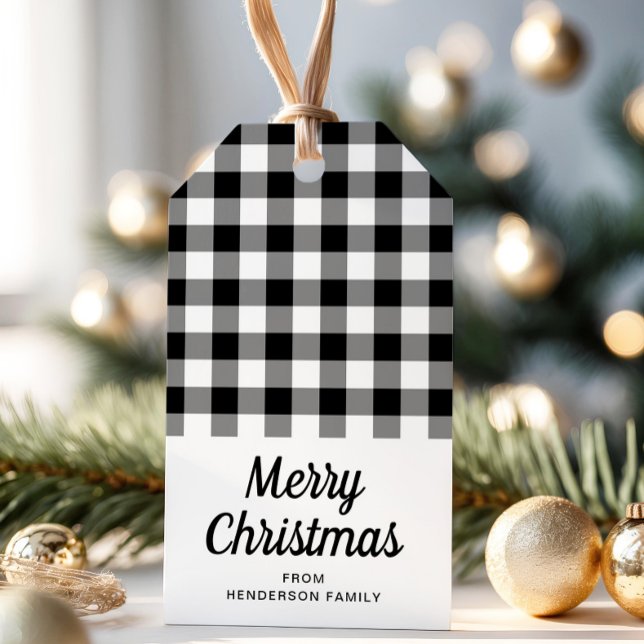 Etiqueta Para Presente Feliz Natal - Cheques Pretos E Brancos (Merry Christmas Black And White Checks Gift Tags)