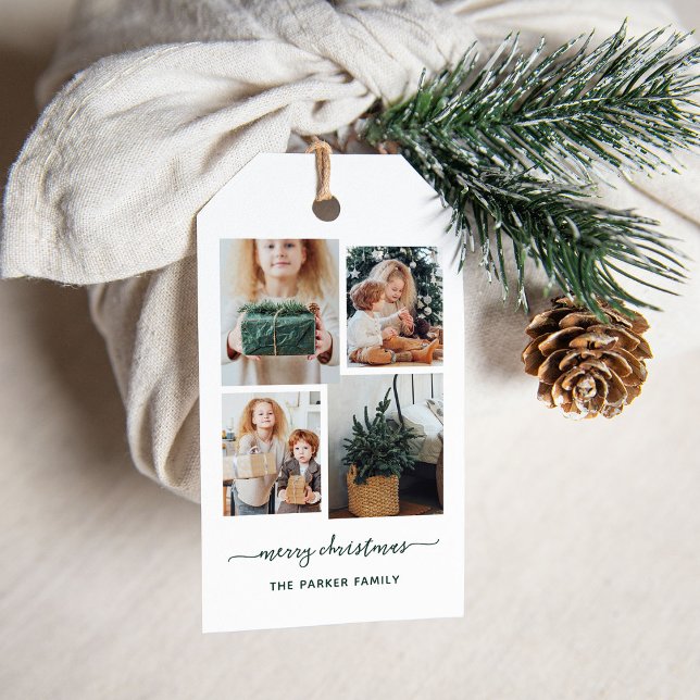 Etiqueta Para Presente Feliz Natal | Colagem de Fotografias Moderna (These holiday gift tags feature a trendy and modern four photo collage with dark green script)