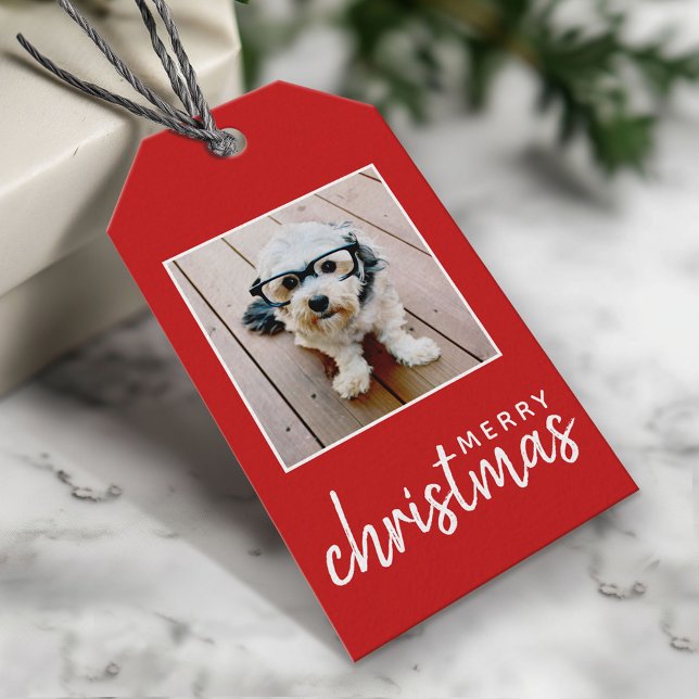 Etiqueta Para Presente Feliz Natal com Fotos Quadradas - Vermelho (Custom Photo Gift Tag - Add your pictures and text)