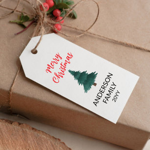 Etiqueta Para Presente Feliz Natal com texto vermelho e árvore de Natal