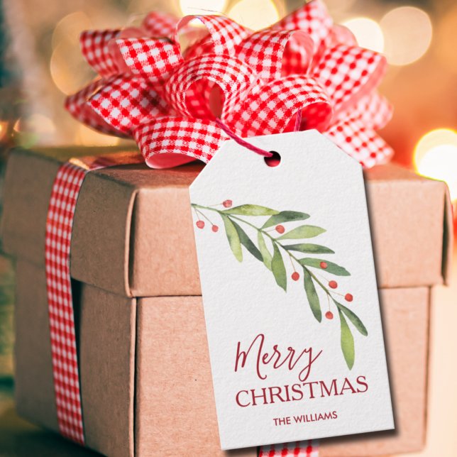 Etiqueta Para Presente Feliz Natal com vegetação (Greenery branch and berries Merry Christmas gift/favor tags personalized with your names)