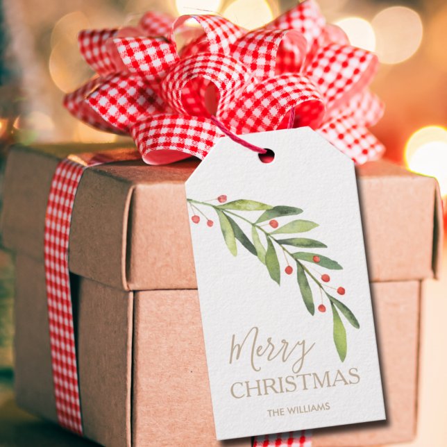 Etiqueta Para Presente Feliz Natal com Vegetação (Greenery branch and berries Merry Christmas gift/favor tags personalized with your names)