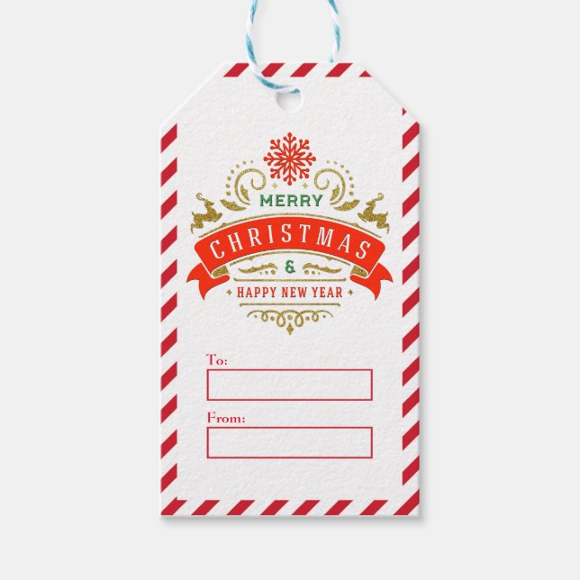 Etiqueta Para Presente Feliz Natal Com Vermelho, Dourado e Verde (Frente)
