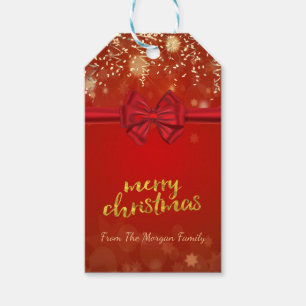 Etiqueta Para Presente Feliz Natal, Confete Dourado, Laço Vermelho