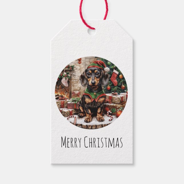 Etiqueta Para Presente Feliz Natal Dachshund Dogs Elf (Frente)