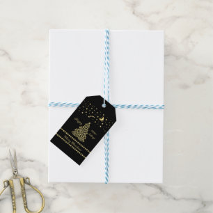 Etiqueta Para Presente Feliz Natal, Dourada e brilhante árvore de Natal