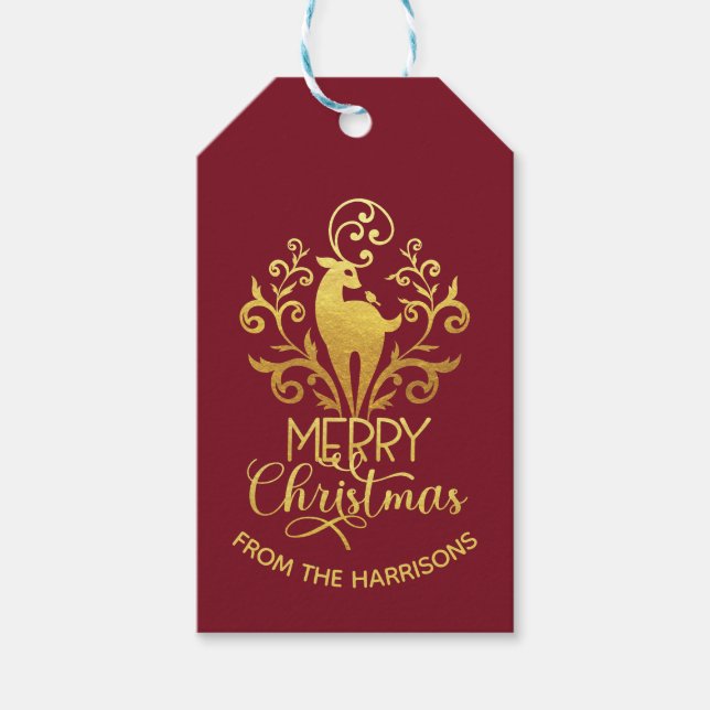 Etiqueta Para Presente Feliz Natal Elegante Dourado Deer Red (Frente)
