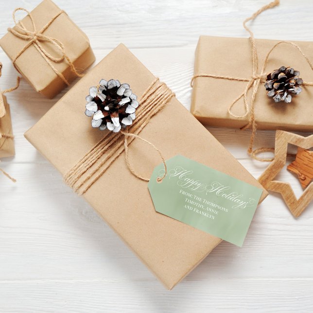 Etiqueta Para Presente Feliz Natal em Caligrafia Verde (Happy Holidays light green watercolor gift tag. )