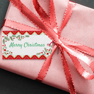 Etiqueta Para Presente Feliz Natal em Chevron Vermelho e Verde Tradiciona