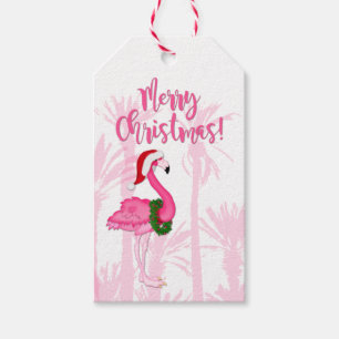 Etiqueta Para Presente Feliz Natal Flamingo Palm Árvores Rosa-Rosa-Branca