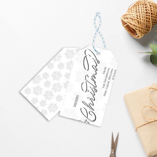 Etiqueta Para Presente Feliz Natal Flocos de Neve (Merry Christmas silver calligraphy script gift tag)