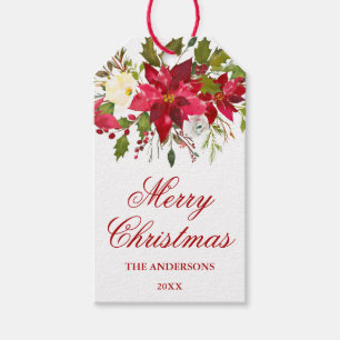 Etiqueta Para Presente Feliz Natal floral vermelho elegante da poinsétia