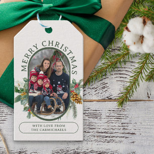 Etiqueta Para Presente Feliz Natal Foto da Família Holly e Pine