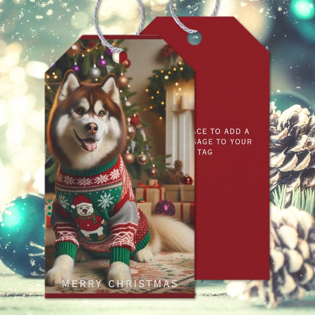 Etiqueta Para Presente Feliz Natal Foto de Natal (The front and back of the custom Husky Christmas Holiday gift tag )