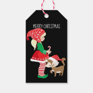 Etiqueta Para Presente Feliz Natal Garota Elf e Gato de Natal
