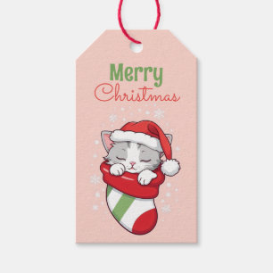 Etiqueta Para Presente Feliz Natal - Gatinho Dormindo em Santa Chapéu