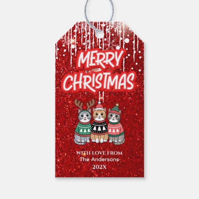Etiqueta Para Presente Feliz Natal - Gatos Vermelhos Modernos (Frente)