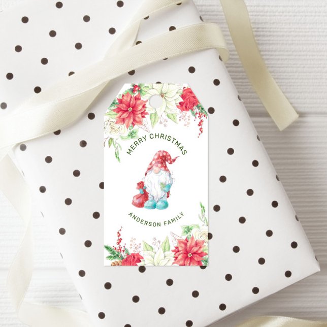 Etiqueta Para Presente Feliz Natal Gnomo Elegante Foliday Floral (Criador carregado)