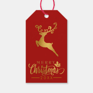 Etiqueta Para Presente Feliz Natal Gold Reindeer Red Holiday