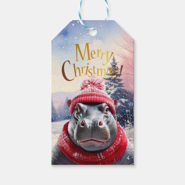 Etiqueta Para Presente Feliz Natal Hippo Santa Chapéu e cachecol (Frente)